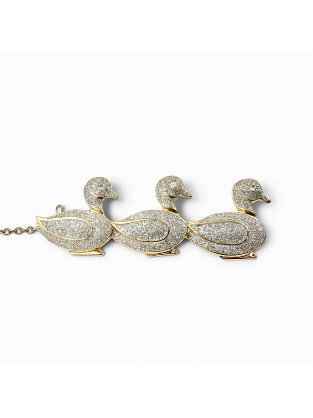 Vintage 1970s Duck Brooch Silver Sparkle Enamel, Triple Duck Pin, Figural Animal
